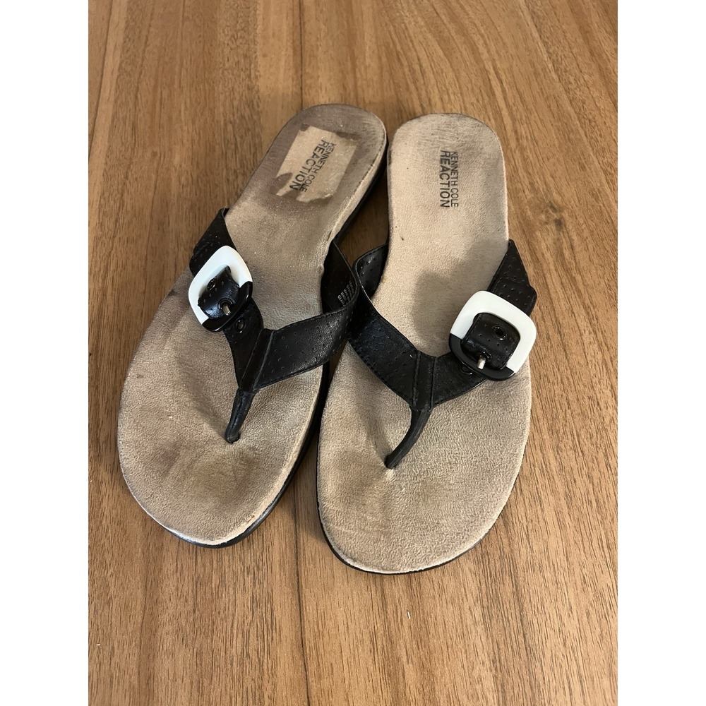 Kenneth Cole Reaction Women's Flip Flops Thong Sandals Black White Buckle 9 M